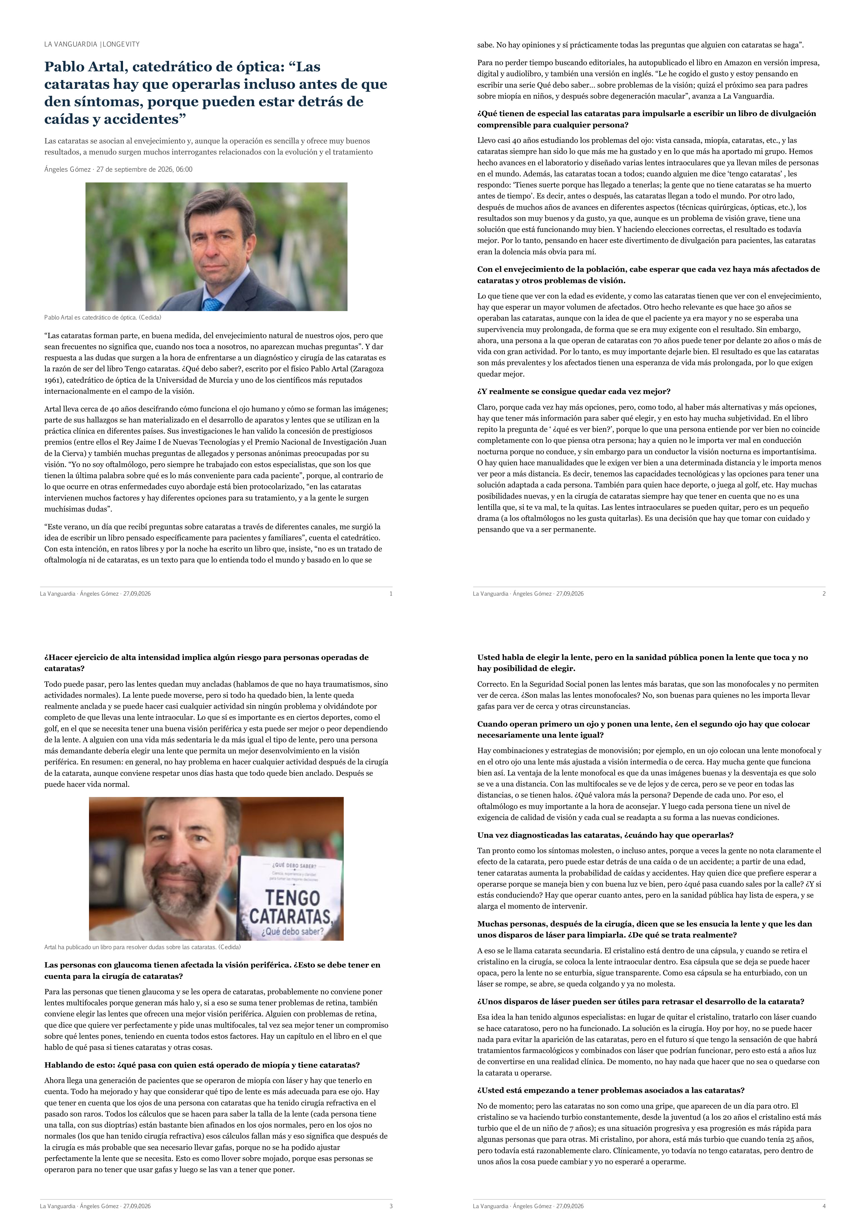 Entrevista completa a Pablo Artal por Ángeles Gómez en La Vanguardia, 27 de septiembre de 2026 (texto en español)